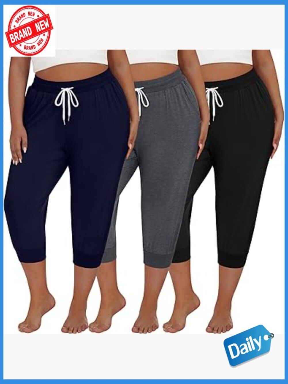 3 Pack Plus Size Cotton Capri Yoga Pants with Pockets